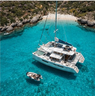 Lagoon 55 catamaran anchored in a turquoise Saint Barth cove