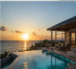Luxury villa pool at sunset
